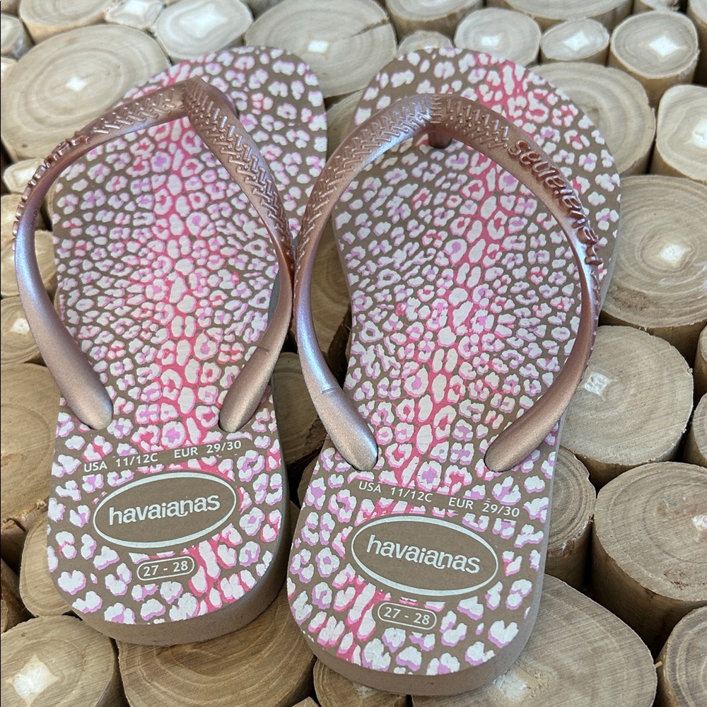 Havaianas Metallic Rose Brown Pink Leopard-Print Flip Flops